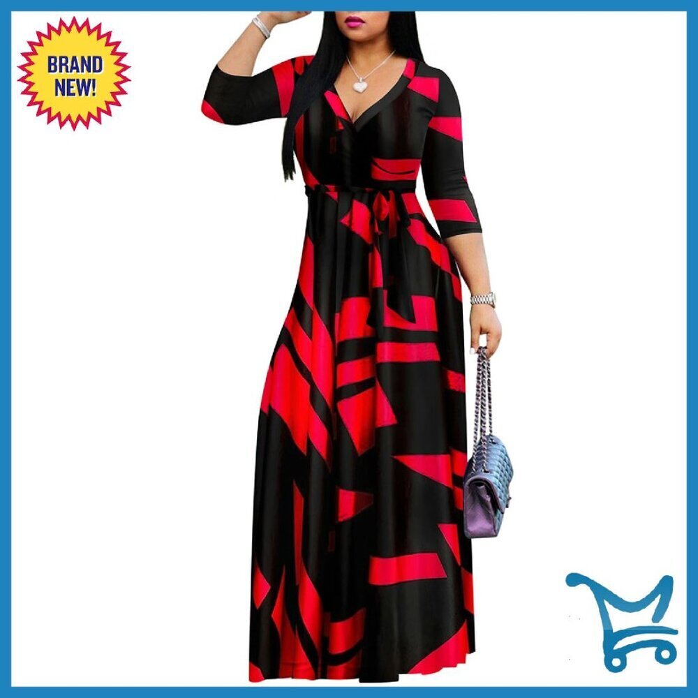 Plus Size Maxi Dress Summer Floral V-Neck 3/4 Sleeve Casual Long Sundress